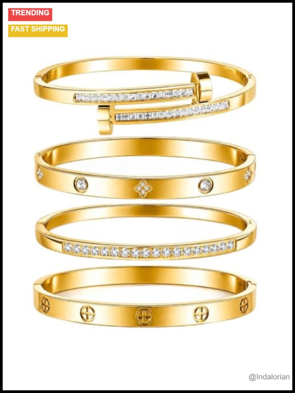 Gold Plated Bangle Bracelet Set Stainless Steel Hinged Stackable